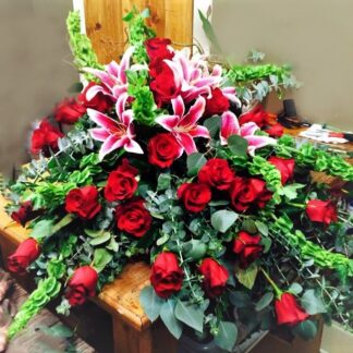 Red Roses and Stargazers Casket Cover