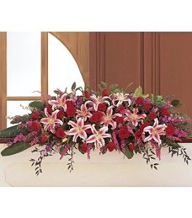 Red Roses and Stargazer Full Casket Cover