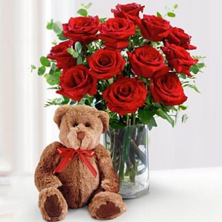 Red Rose Bouquet with Bear
