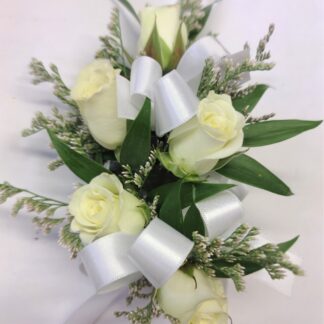 White Spray Roses Linear Wristlet Corsage w/Limo