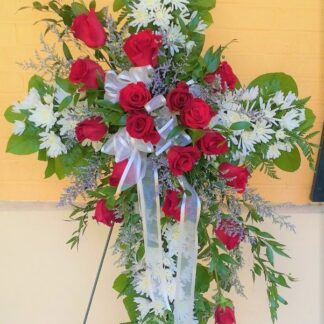 White Cross with 18 Red Roses