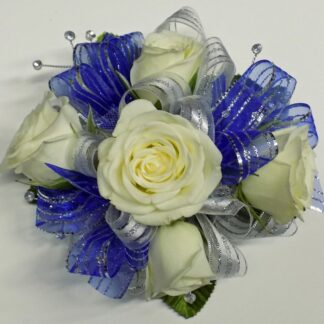 Blue and Silver White Rose Circular Wristlet Corsage