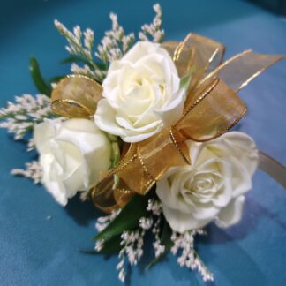 White Spray Roses Circular Wristlet Corsage