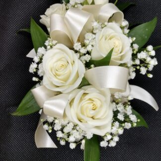 White Spray Roses Linear Wristlet Corsage w/Baby's Breath