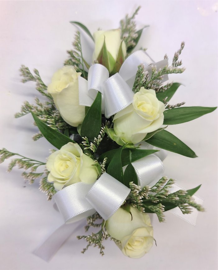 White Spray Roses Linear Wristlet  Corsage w/Limo