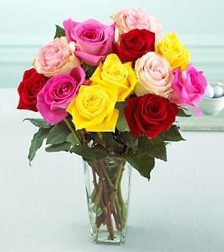 Dozen Mixed Medium Stemmed Roses in a Vase