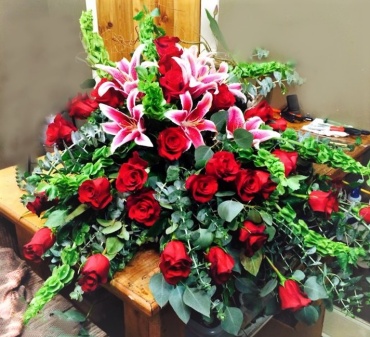 Red Roses and Stargazers Casket Cover