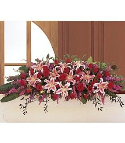 Red Roses and Stargazer Full Casket Cover