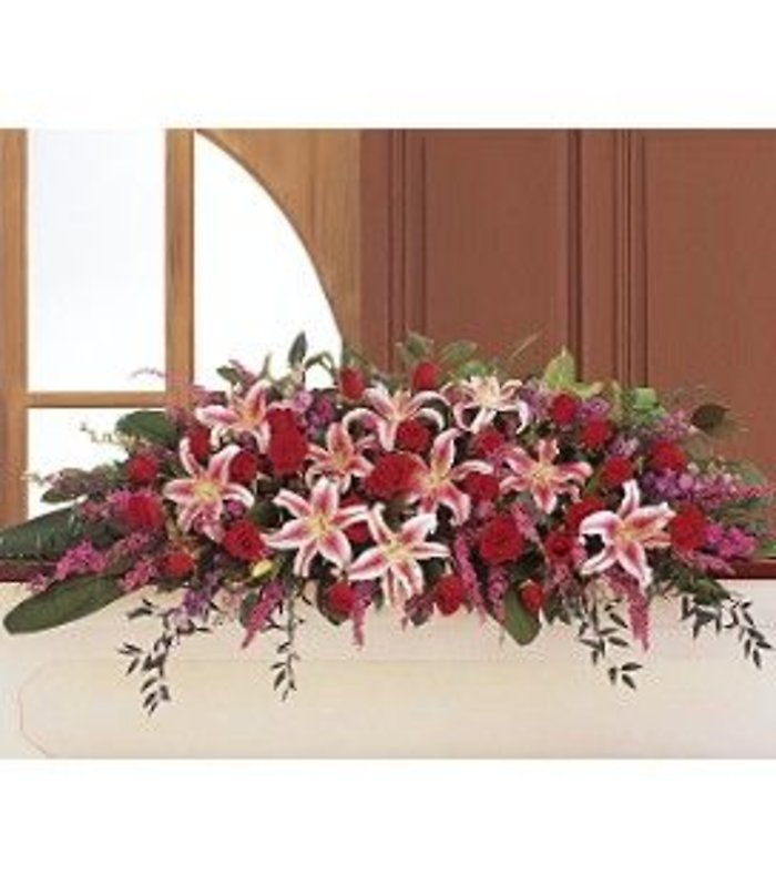Red Roses and Stargazer Full Casket Cover