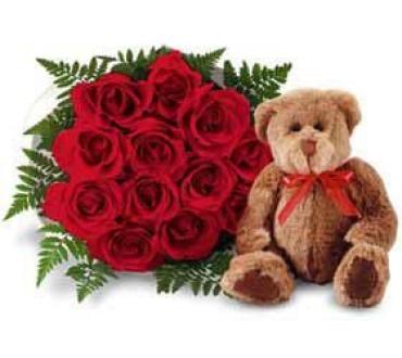 Dozen Medium Stemmed Red Roses Vased With a Bear