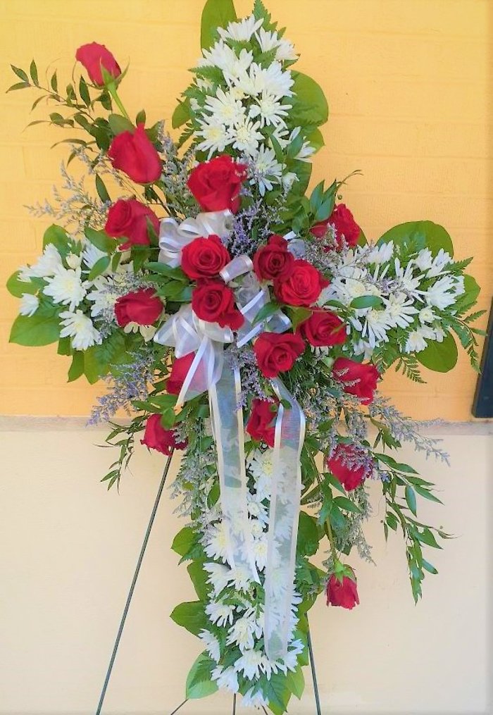 White Cross with 18 Red Roses