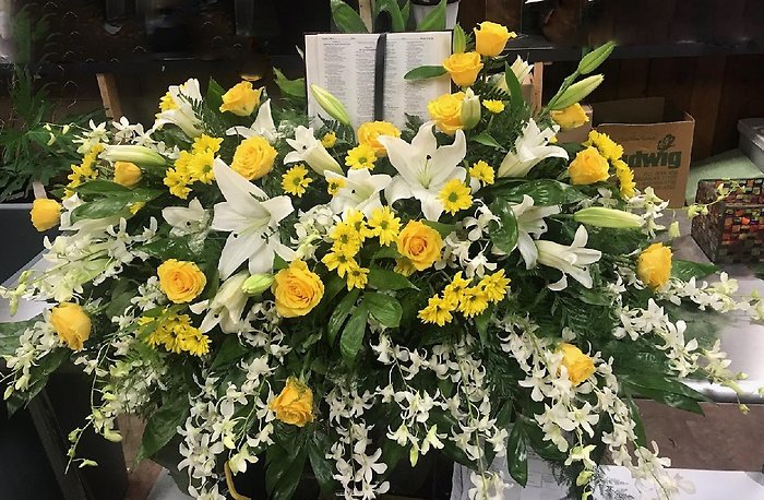 Yellow & White Bible Casket Spray