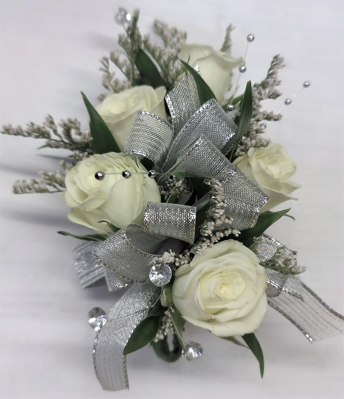 White Spray Roses Linear Wristlet  Corsage w/Limo