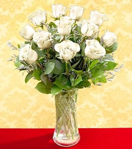 One Dozen White Long Stem Roses - Vday