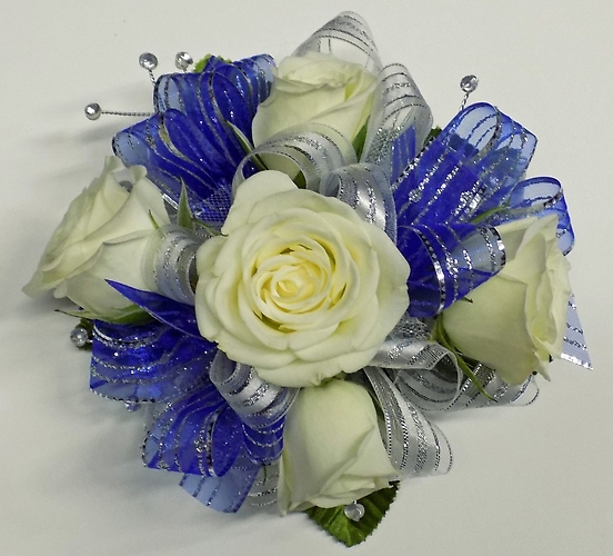 Blue and Silver White Rose Circular Wristlet Corsage