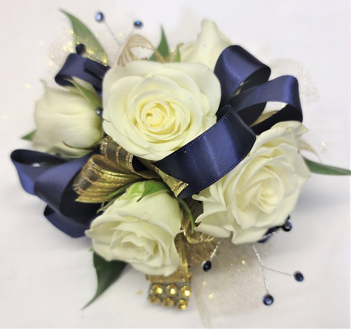 White Spray Roses Circular Wristlet Corsage