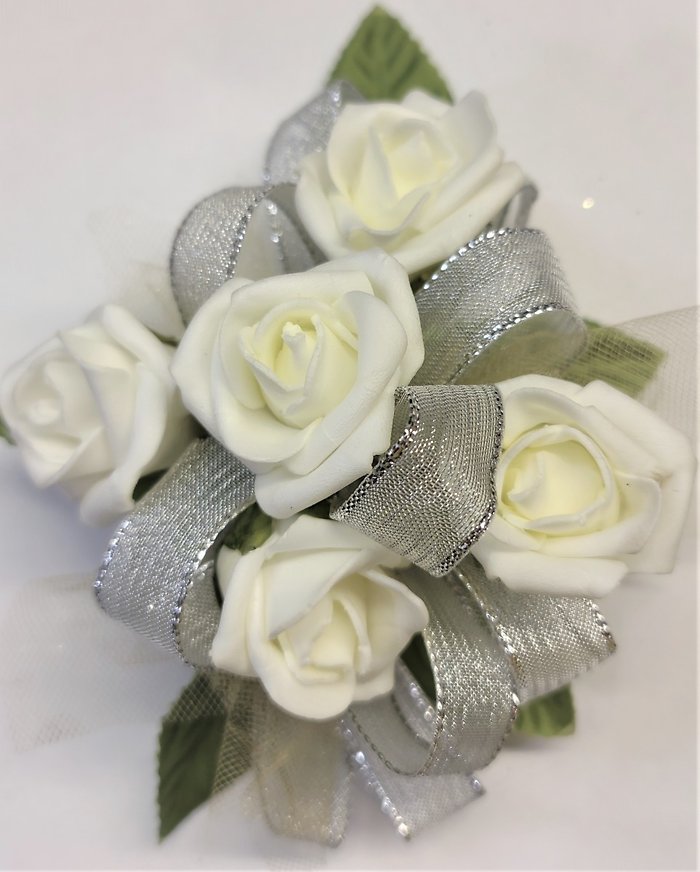 White Spray Roses Circular Wristlet Corsage