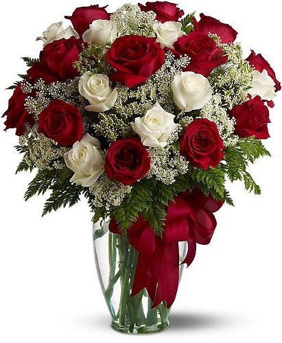 Two Dozen Red & White Long Stem Roses - Vday