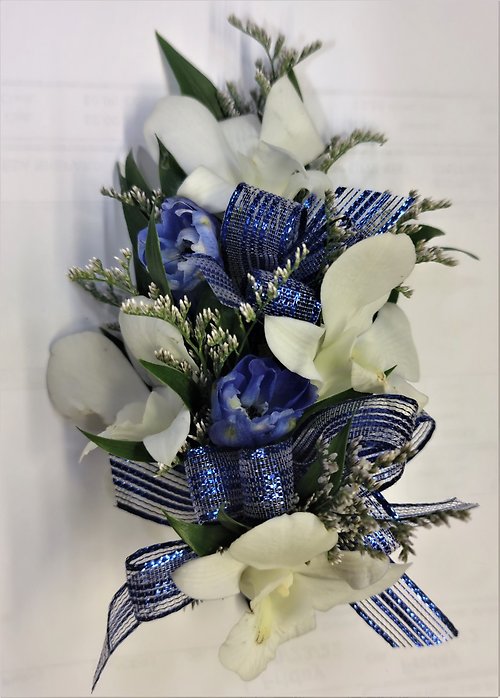 Blue & White Mixed Linear Wristlet Corsage